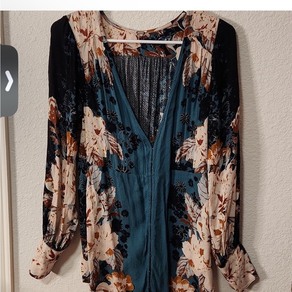 Free People Teal and Floral Blouse - Picture 2 of 5